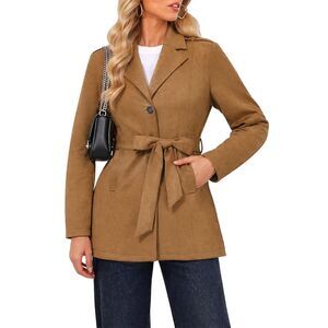Women's Lapel Suede Work Coat with Belt Faux Suede Jackets Brown